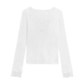 White V-neck Dralon lace stitching brushed long sleeve top for women, slim fit polyester knit