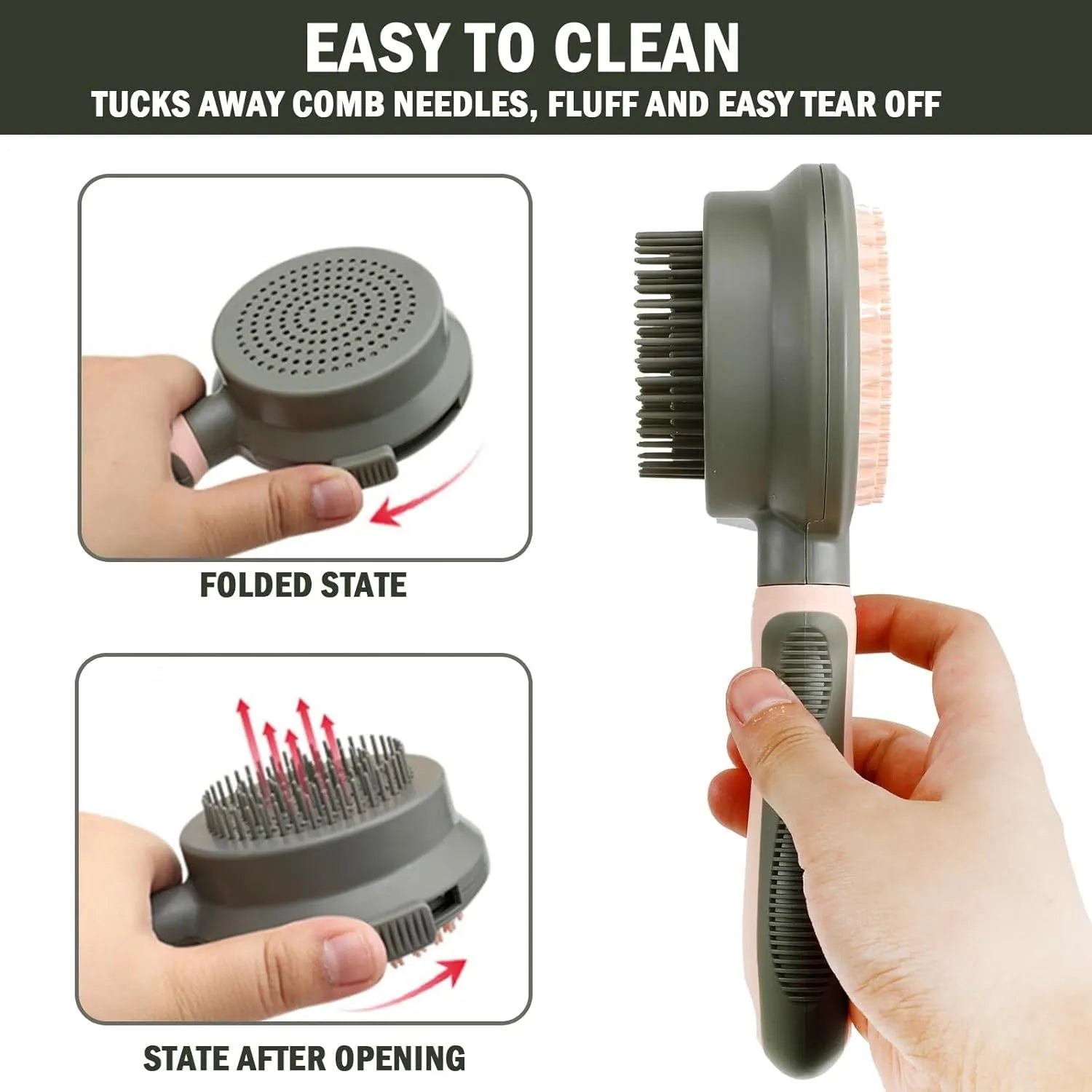 Green and pink double-sided cat brush with release button and flea comb for pet grooming