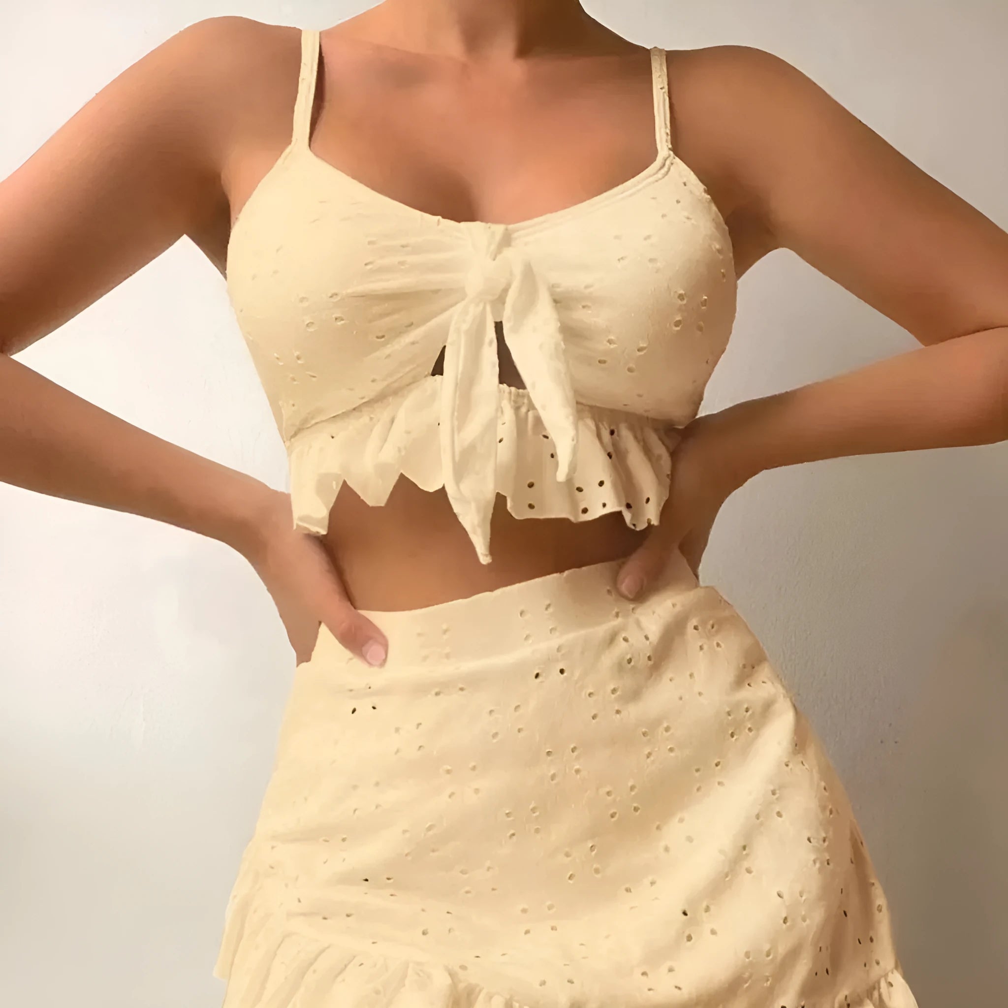 Women's solid colour three-piece bikini set with split hip skirt in multiple colour options