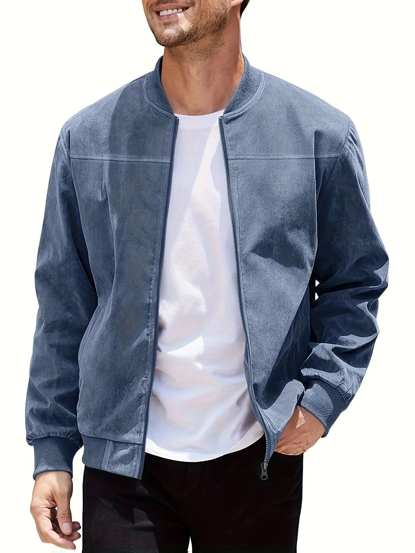 Men's plus size casual jacket in polyester suede fabric, shown in Army Green colour.