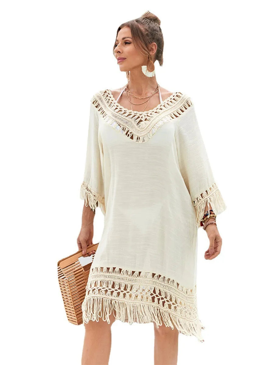 Apricot hand-crocheted acrylic beach dress with lining for women, free size