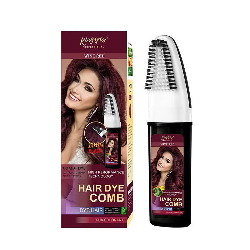 Hair dye colouring comb kit showing brown, wine red, and dark brown 200ML bottles with an application brush