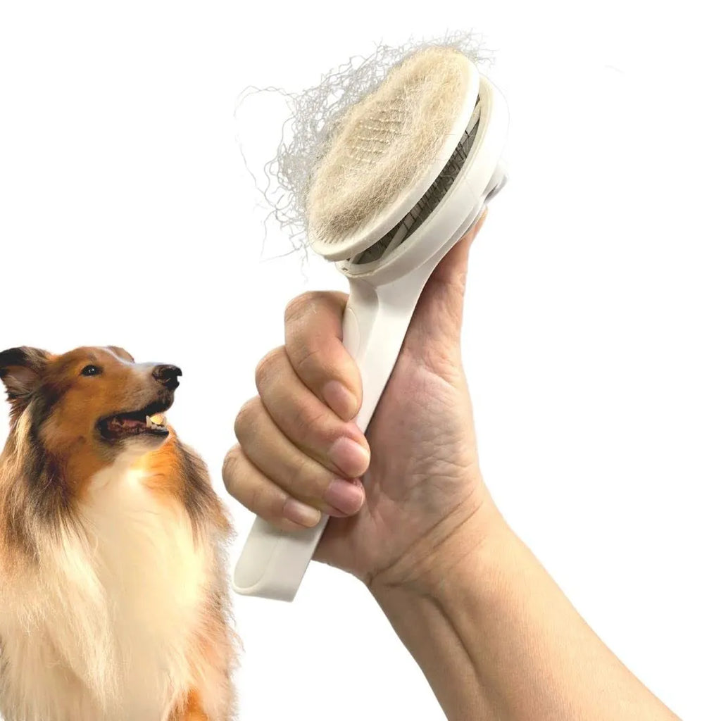 Blue self-cleaning slicker brush for dog and cat grooming with stainless steel pins