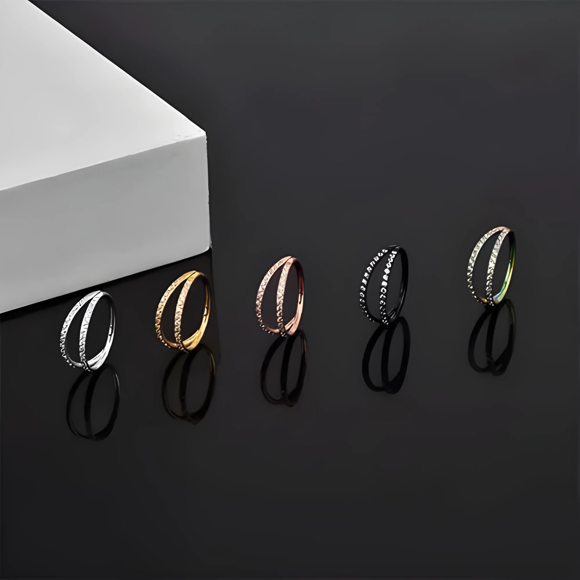 G23 titanium alloy nose ring earring with zircon detail in steel or gold colour, showing gauge and length options.