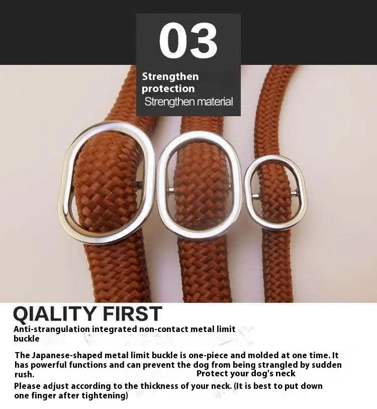Brown nylon P chain dog leash held in a hand, showing its full 2.1 metre length.