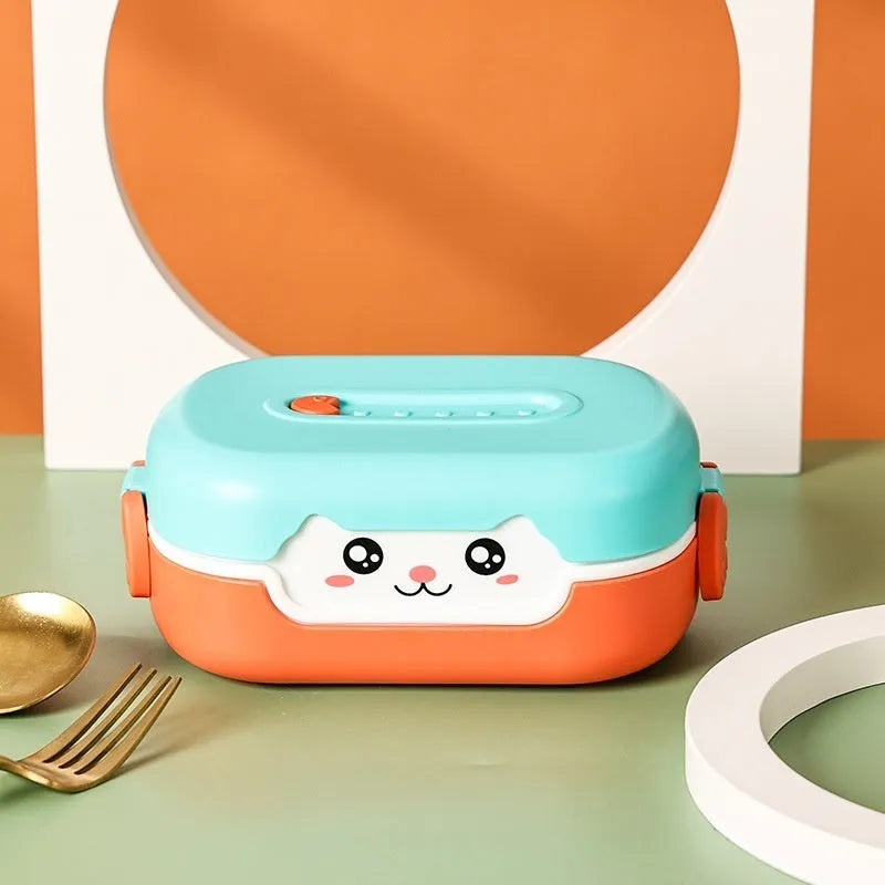 Square plastic lunch box with divided compartments, shown in dark blue, orange yellow, and pink and green colours.