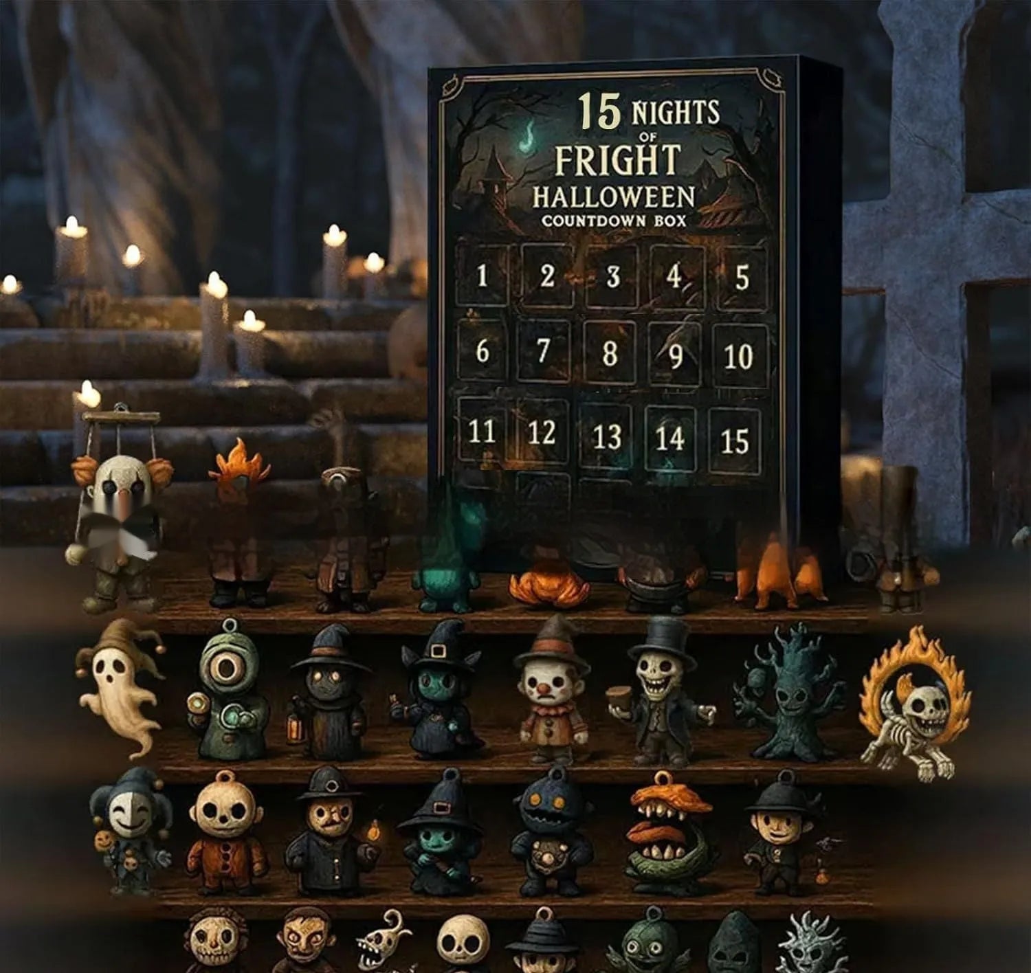 Halloween countdown advent calendar box with 31 blind box compartments containing resin horror dolls
