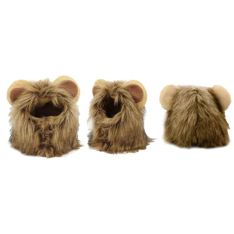 Lion mane pet costume wig on cat showing artificial hair texture and adjustable elastic band