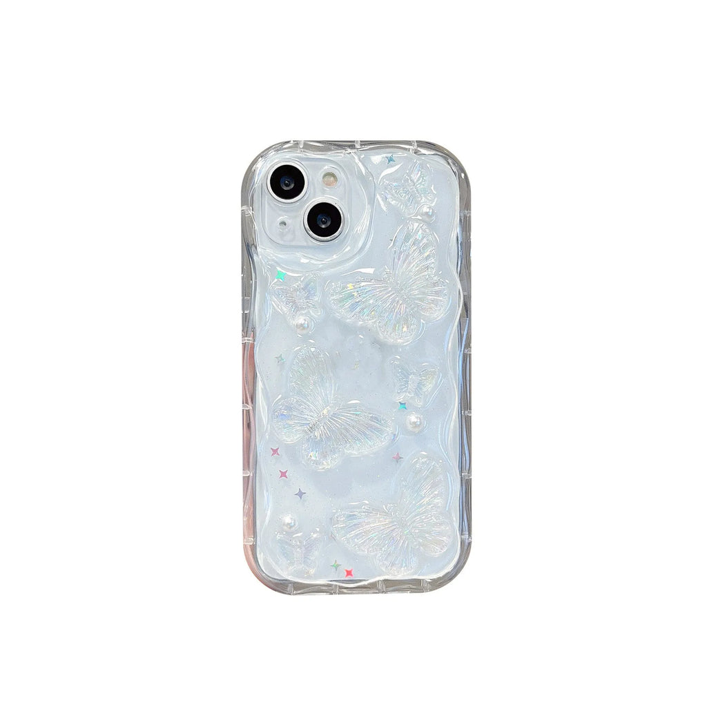 Three-dimensional butterfly phone case in transparent silicone with raised epoxy decoration for iPhone