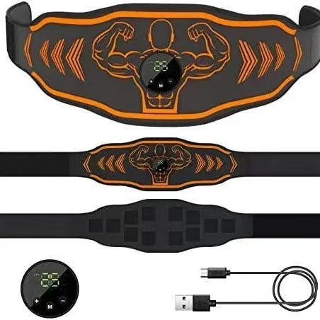 Blue and orange EMS smart massage belt with arm stickers and rechargeable host unit
