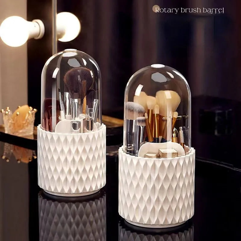 White rotating transparent acrylic makeup brush storage organiser with dustproof lid
