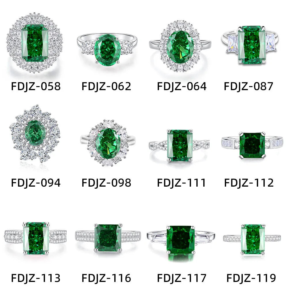 S925 sterling silver women's ring with ellipse emerald and inlaid high carbon diamond in geometric setting.