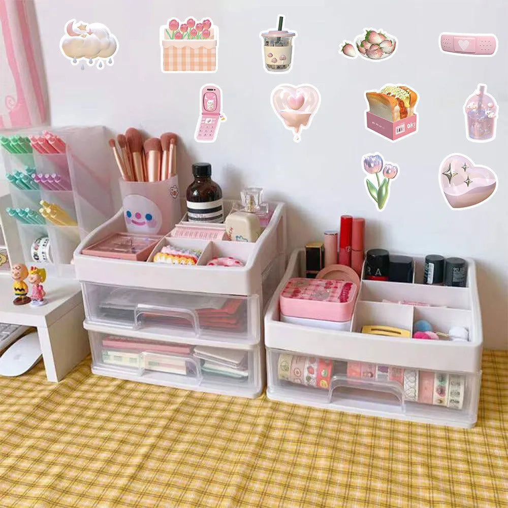 Pack of 63 cute pink heart decorative stickers with realistic 3D print on a sheet.