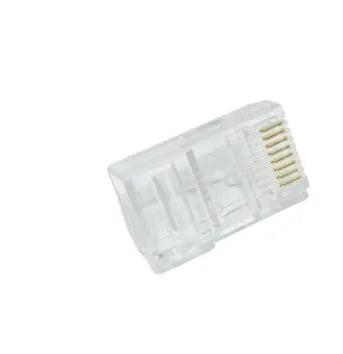 White network modular plug with gold-plated three-fork contacts and unshielded crystal head design
