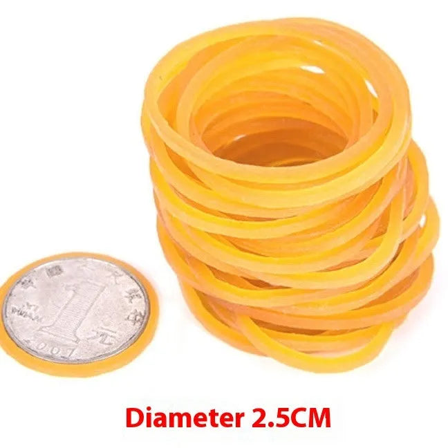500g bulk pack of assorted yellow rubber bands in diameters from 16mm to 70mm.