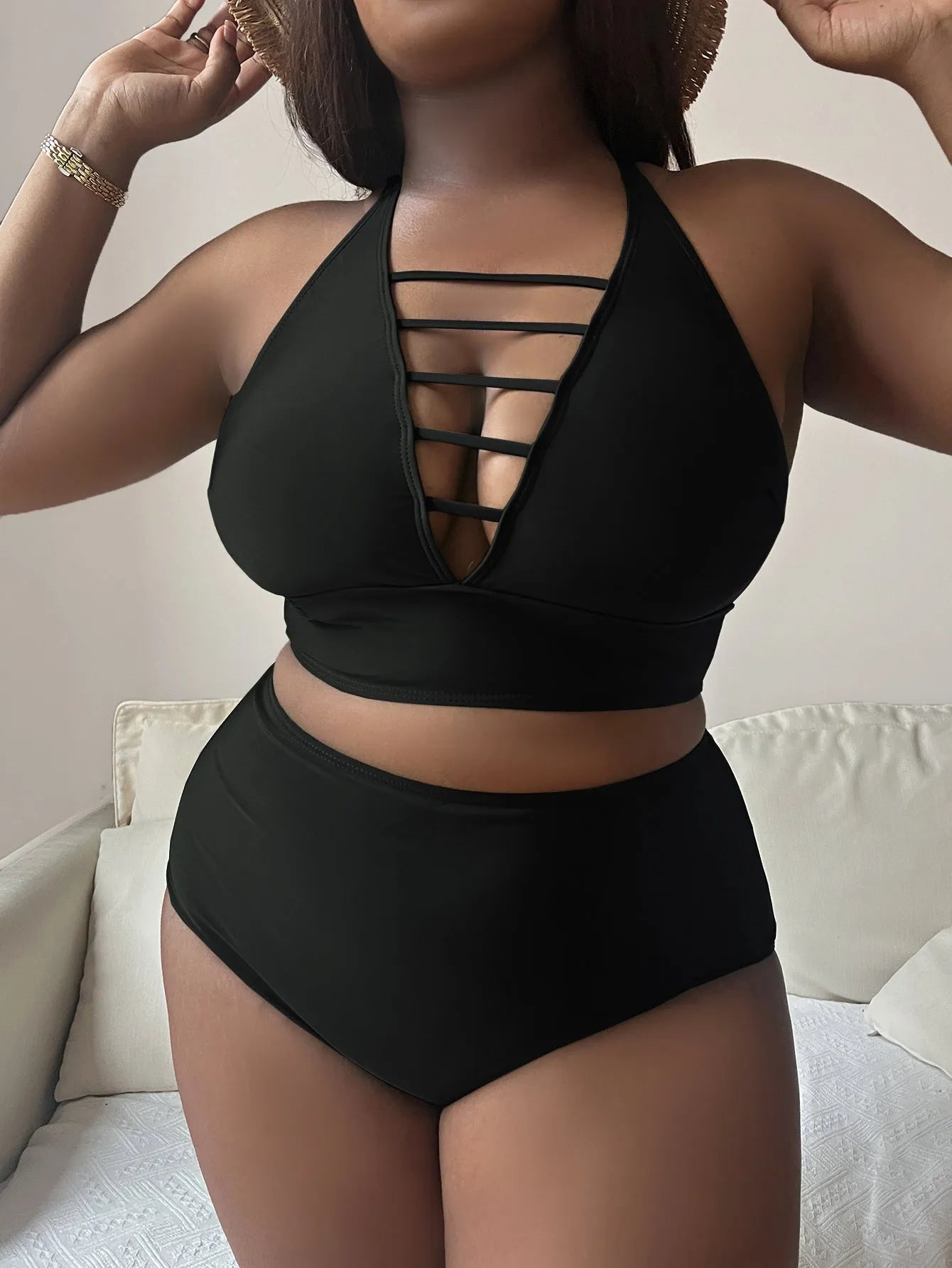 Plus size halter bikini with adjustable cross shoulder straps and high waist briefs in solid colour
