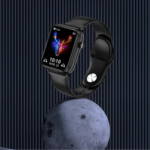 Black zinc alloy smartwatch with 1.69-inch touchscreen and wireless earpieces in charging case.