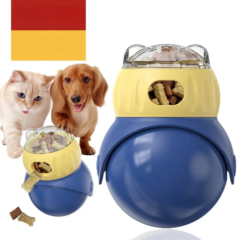 Yellow and blue owl-shaped plastic tumbler cat feeder toy for interactive feeding
