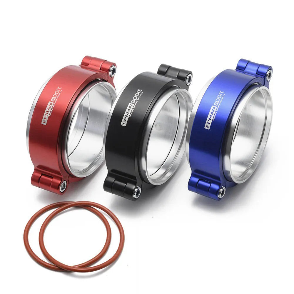 Aluminium fixed movement clamp for turbo exhaust downspouts in black, shown next to a 2.5inch and 3inch size comparison.