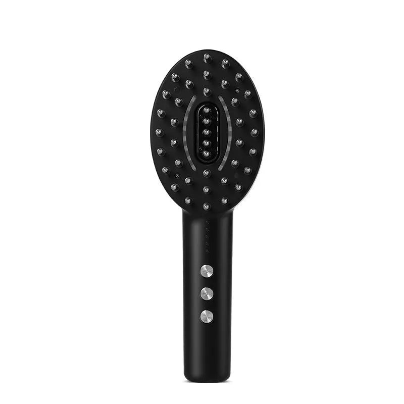 KD3802 Black handheld scalp vibration massage device with charging cable on a white background.