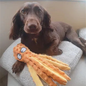Blue octopus-shaped dog chew toy with crinkle sounds, unfilled construction, bite-resistant mesh material