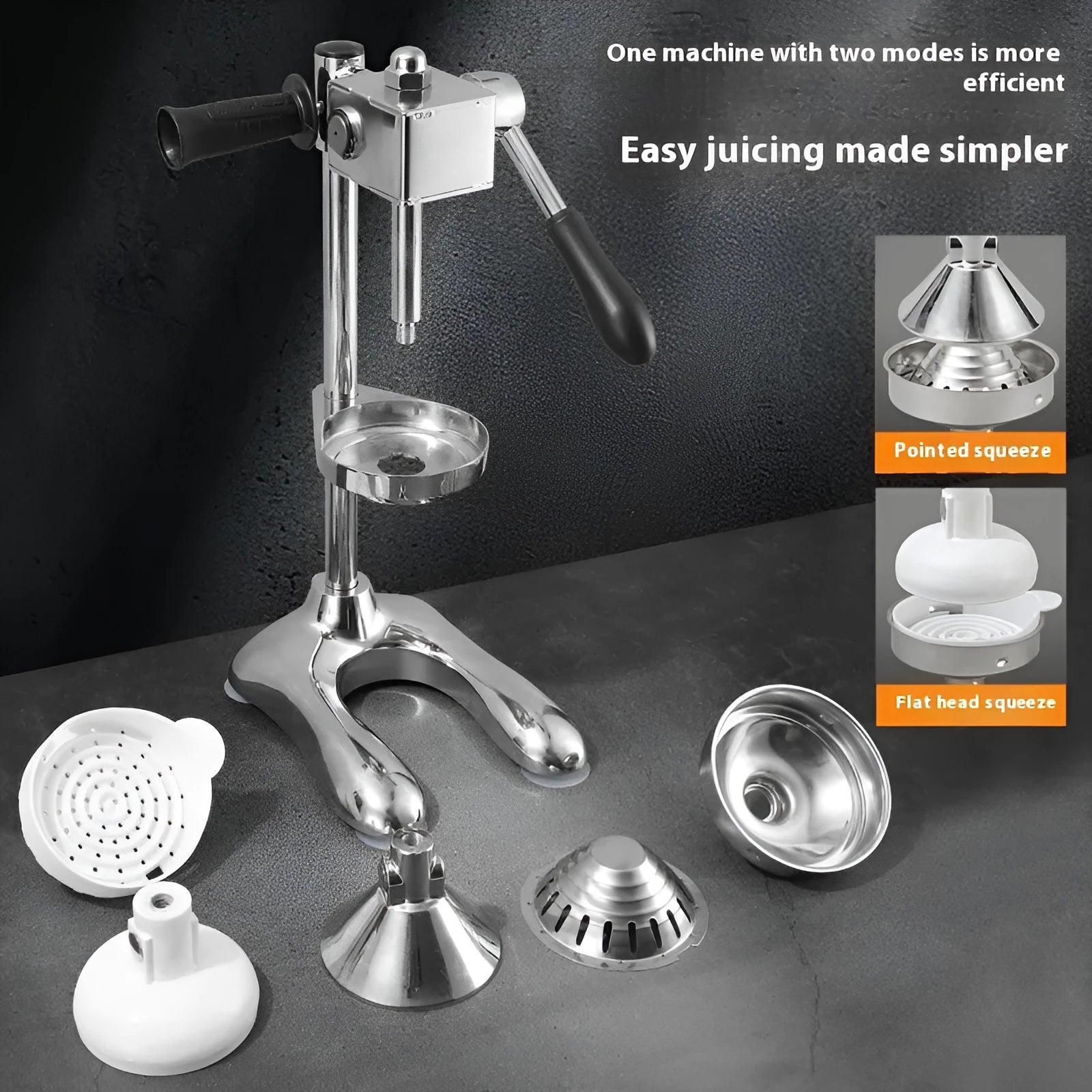 Vertical stainless steel manual citrus juicer shown in selected colour with chosen head style: pointed, flat, or double.