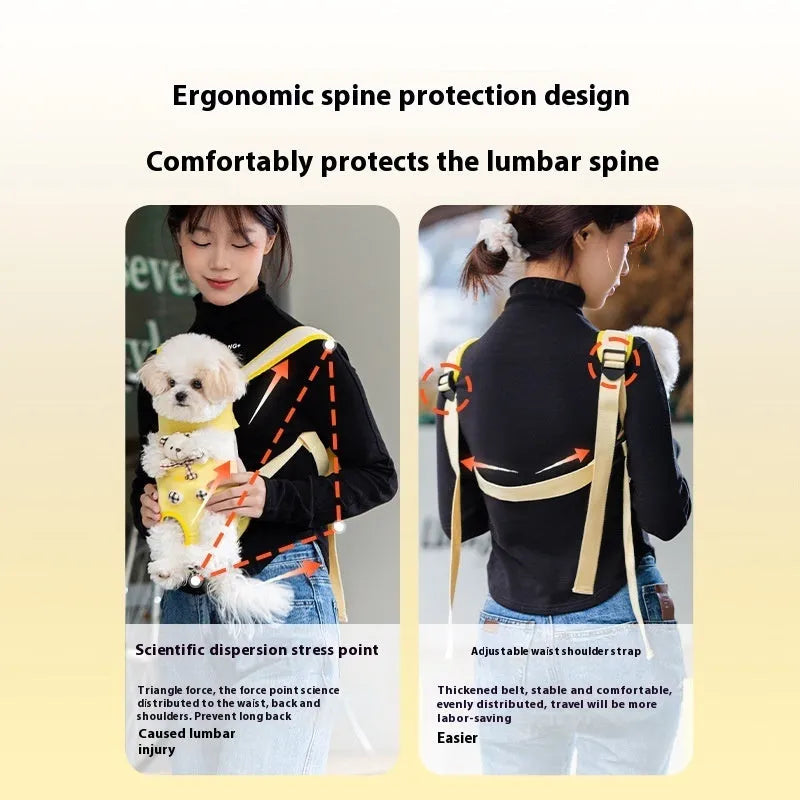 Cartoon animal pattern pet carrier chest bag in soft canvas with decorative ribbon and colourful stitching