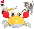 Blue electronic crab dog toy with lights on, moving sideways on a wooden floor.