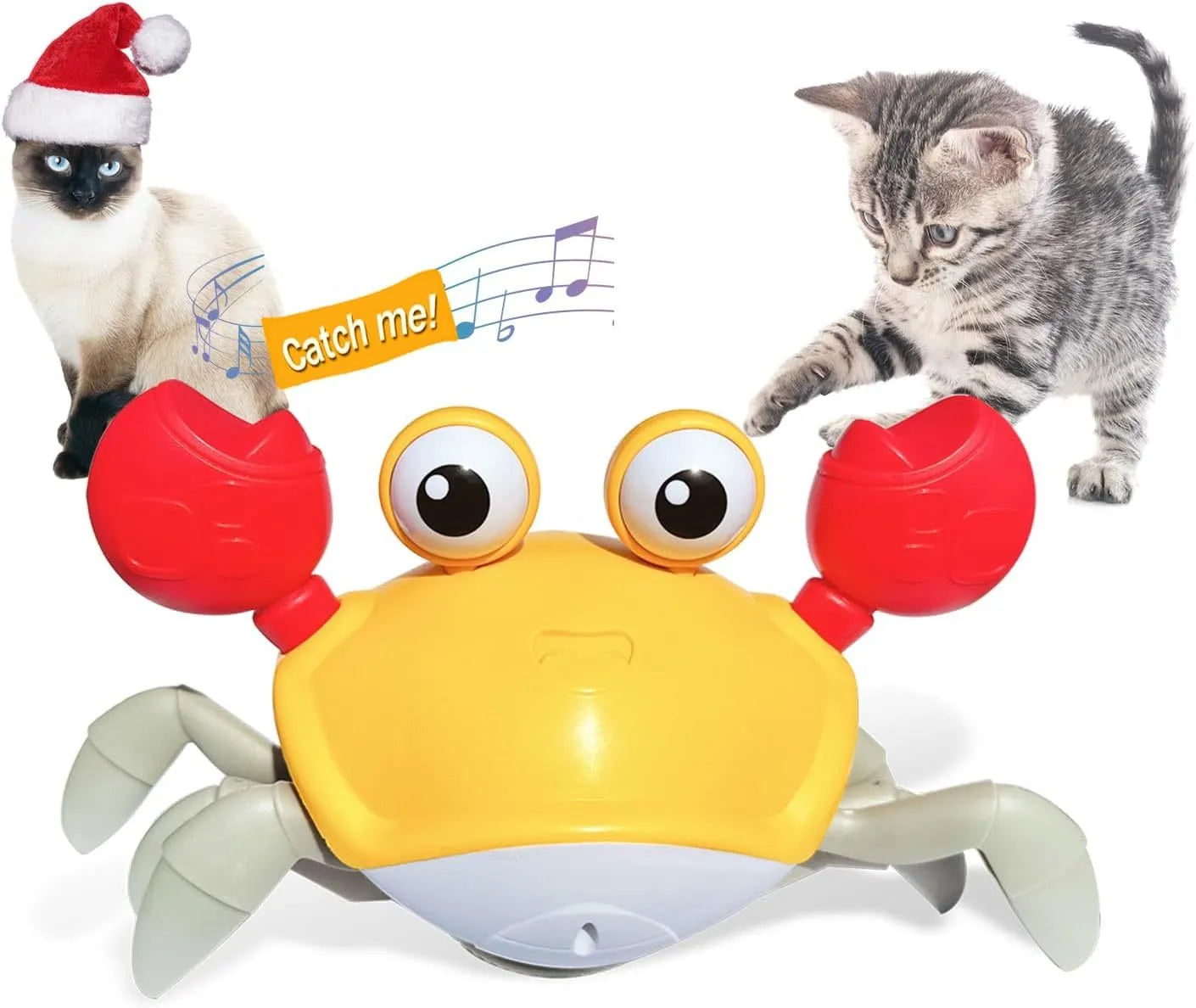 Blue electronic crab dog toy with lights on, moving sideways on a wooden floor.