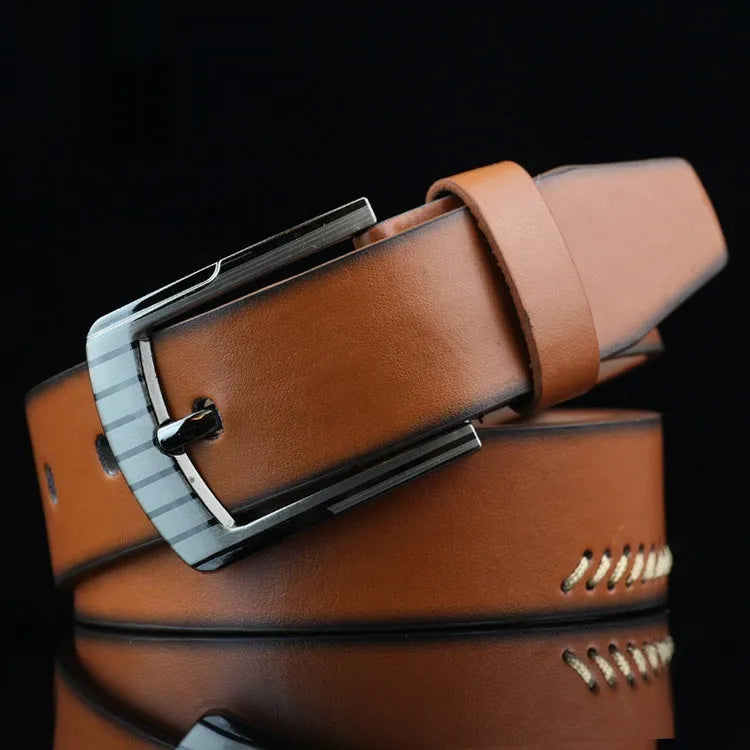 Men's threading casual belt with pin buckle in black, brown or white colours, 110cm length