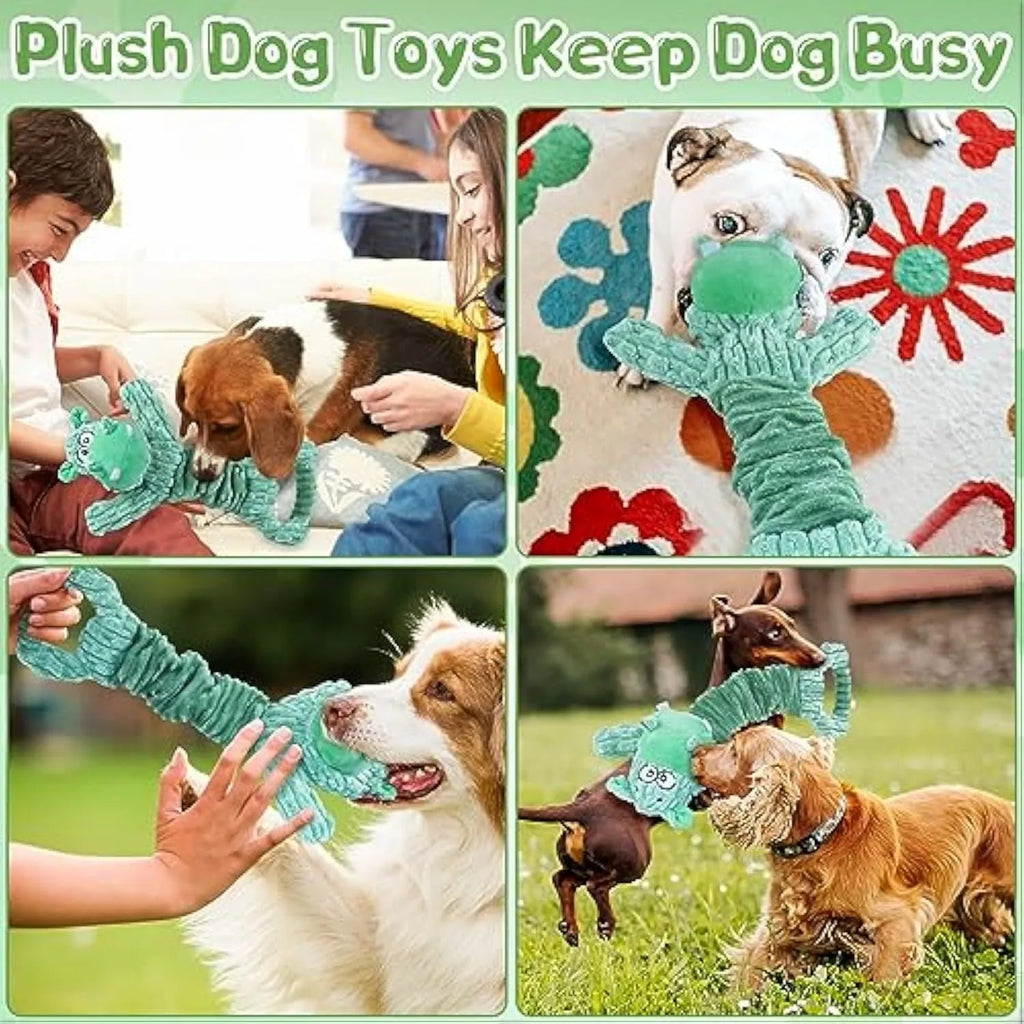 Large plush dog toy with handle, showing Hippo or Monkey design, for squeaky and crinkle interactive play