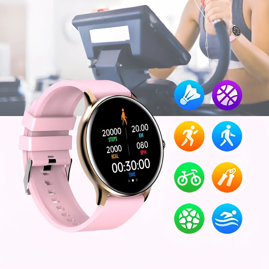 Black Bluetooth smartwatch with 1.28-inch screen on a silicone wristband, showing health metrics.