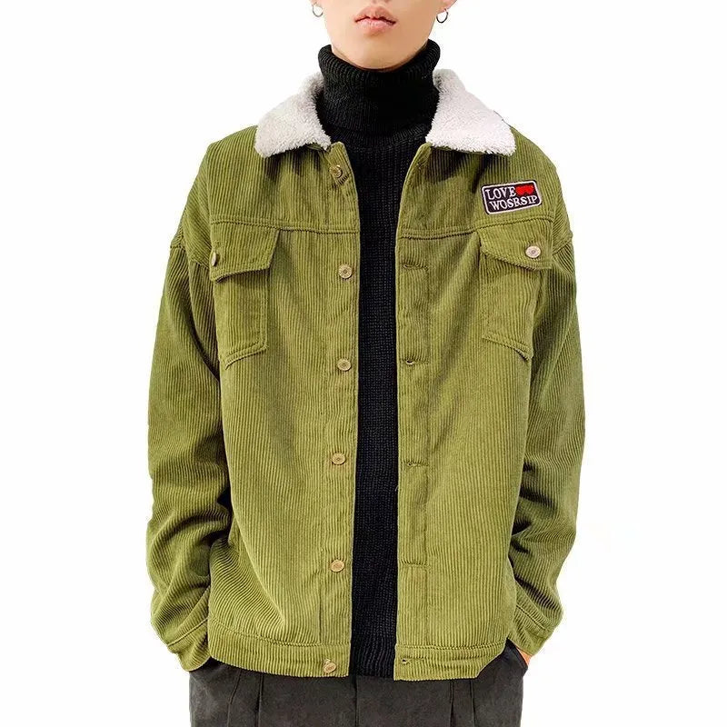 Men's loose fit corduroy jacket in khaki, green, or black with a stitched pocket.