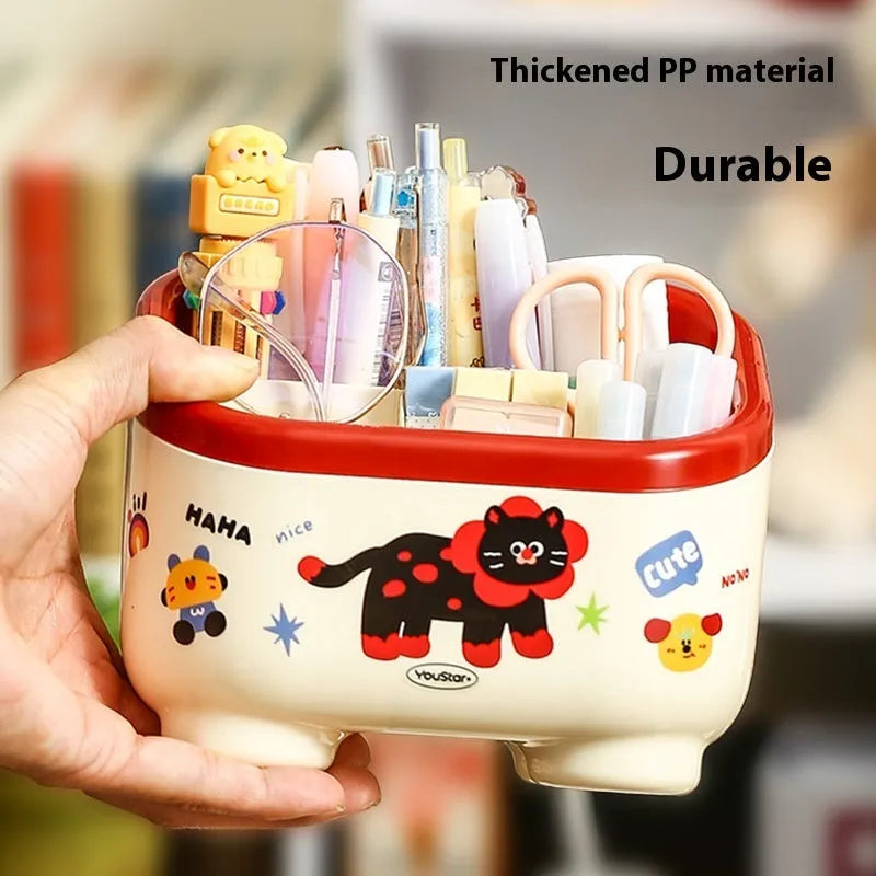Red and brown cartoon-style plastic desktop storage organiser with grid compartments.