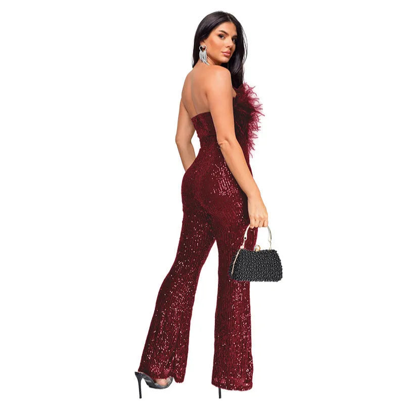 Women's backless sleeveless jumpsuit with flared legs and sequin detailing in champagne colour