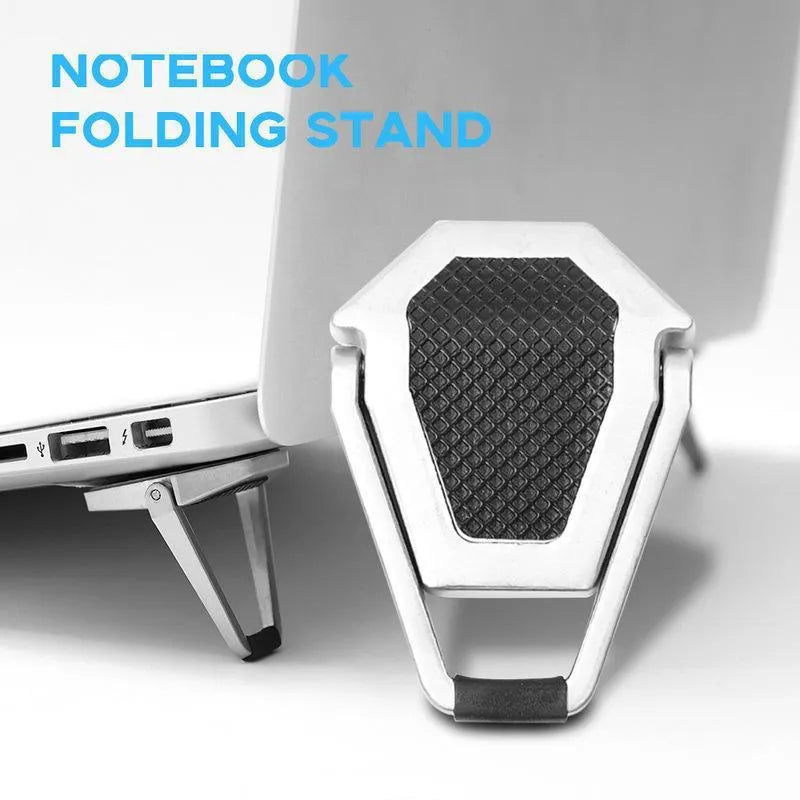 Small silver aluminium foldable computer bracket with 3M adhesive strips for laptop mounting