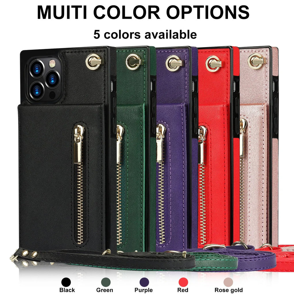 Black leather-back mobile phone case shown next to a green and purple version for iPhone and Samsung models.