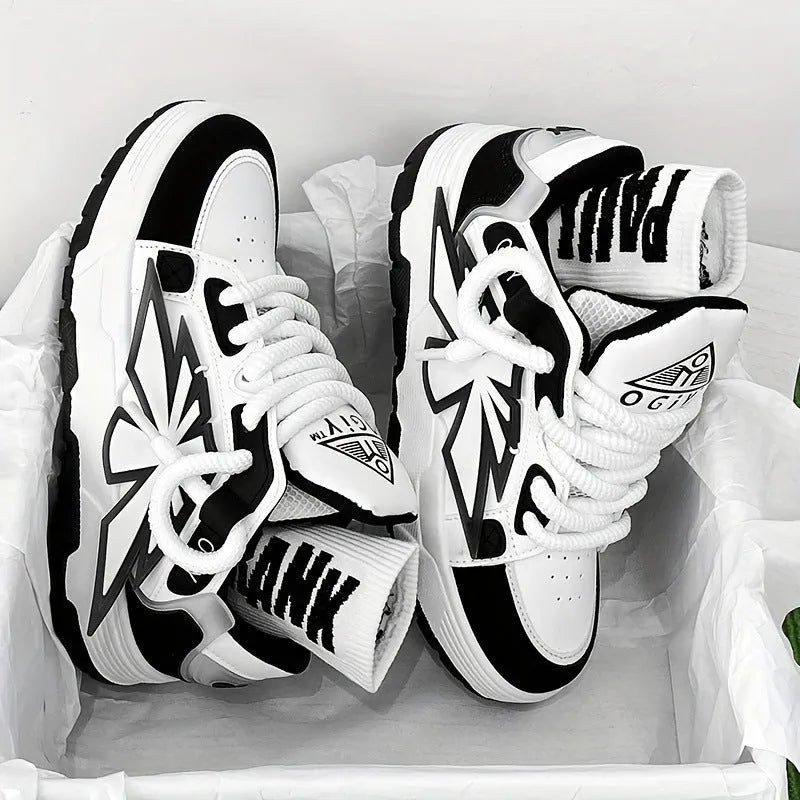 Men's white chunky sneakers with thick rubber sole and cartoon pattern details