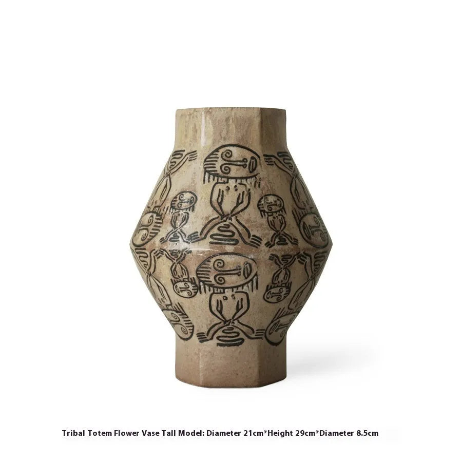 Hand-painted ceramic cylindrical vase with tribal totem floral patterns