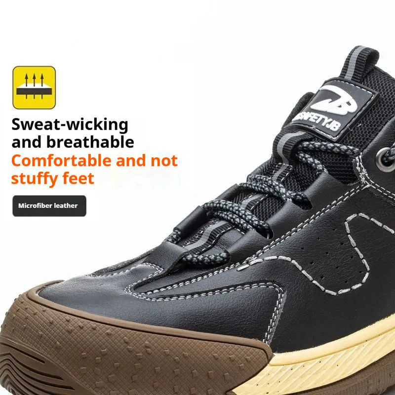 Flyknit safety work shoes with leather upper and rubber sole in multiple colours