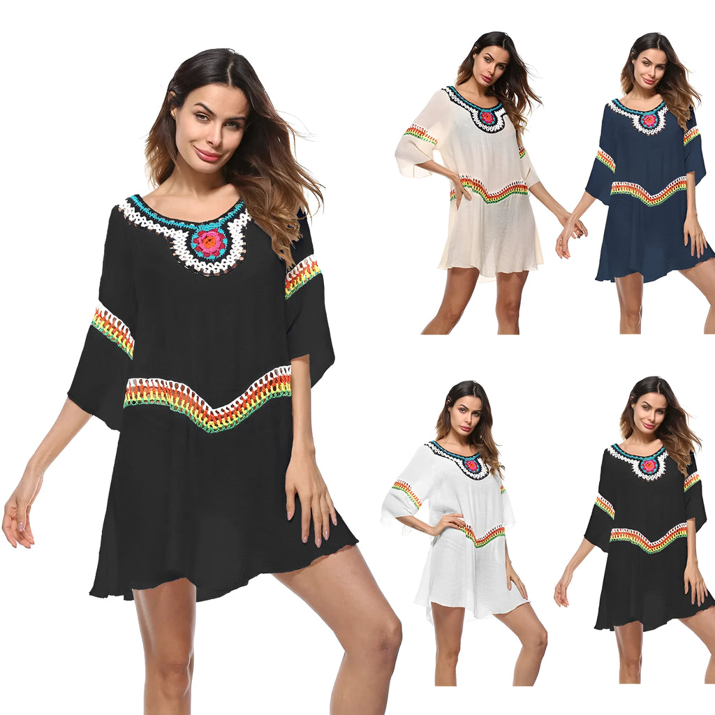 Crocheted ethnic style women's beach clothing in acrylic fabric for sun protection during swimming