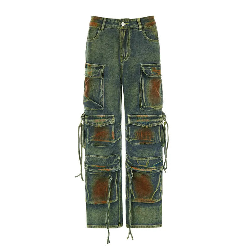 Loose fit multi-pocket cargo denim trousers with gradient colour pocket detail and collage stitching.