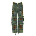 Loose fit multi-pocket cargo denim trousers with gradient colour pocket detail and collage stitching.