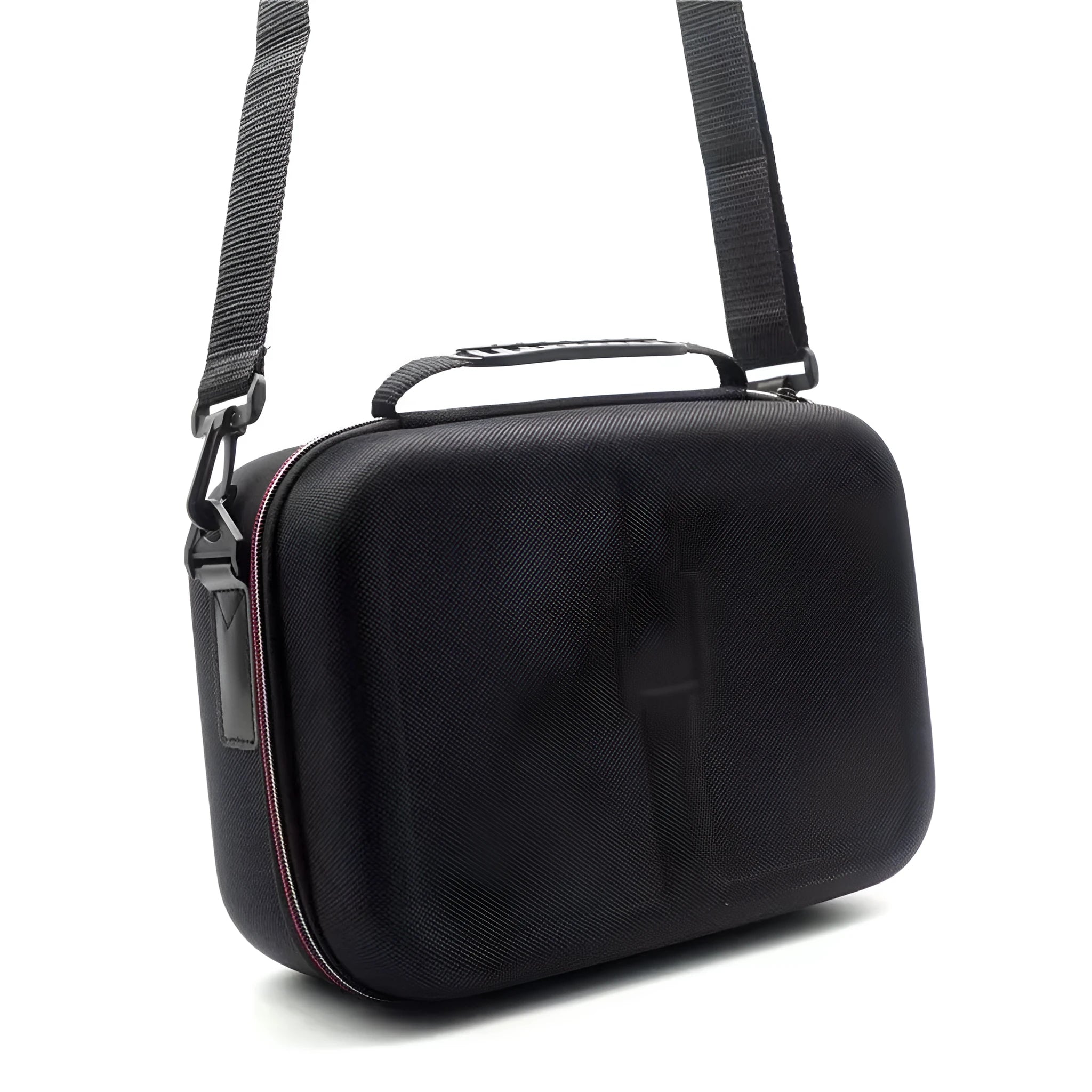 Black EVA hard-shell game console accessory storage bag shown with controllers and cables inside.