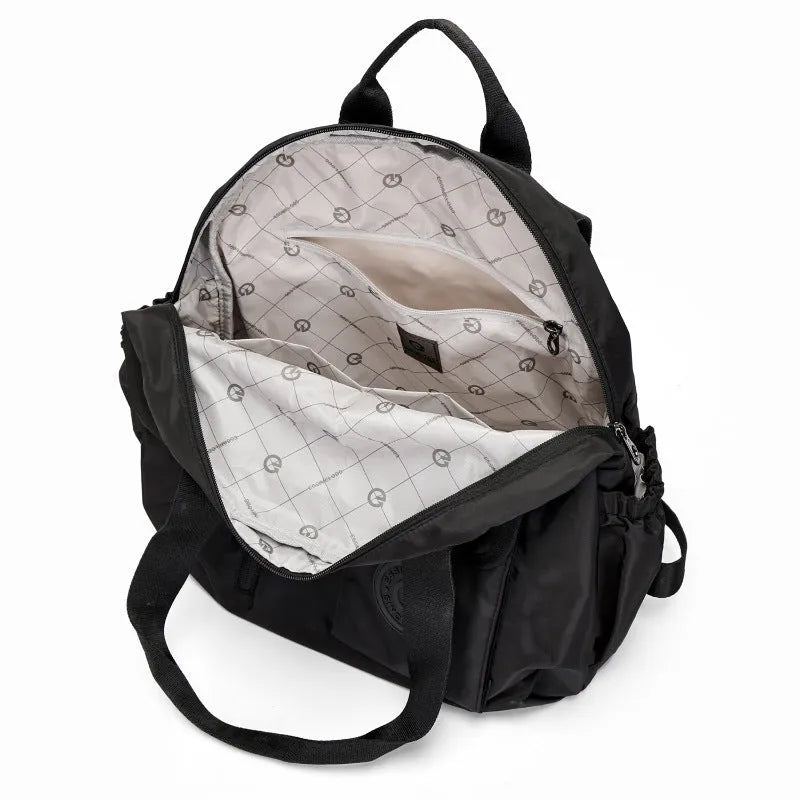 Large nylon backpack in black colour showing sandwich pocket design and dimensions