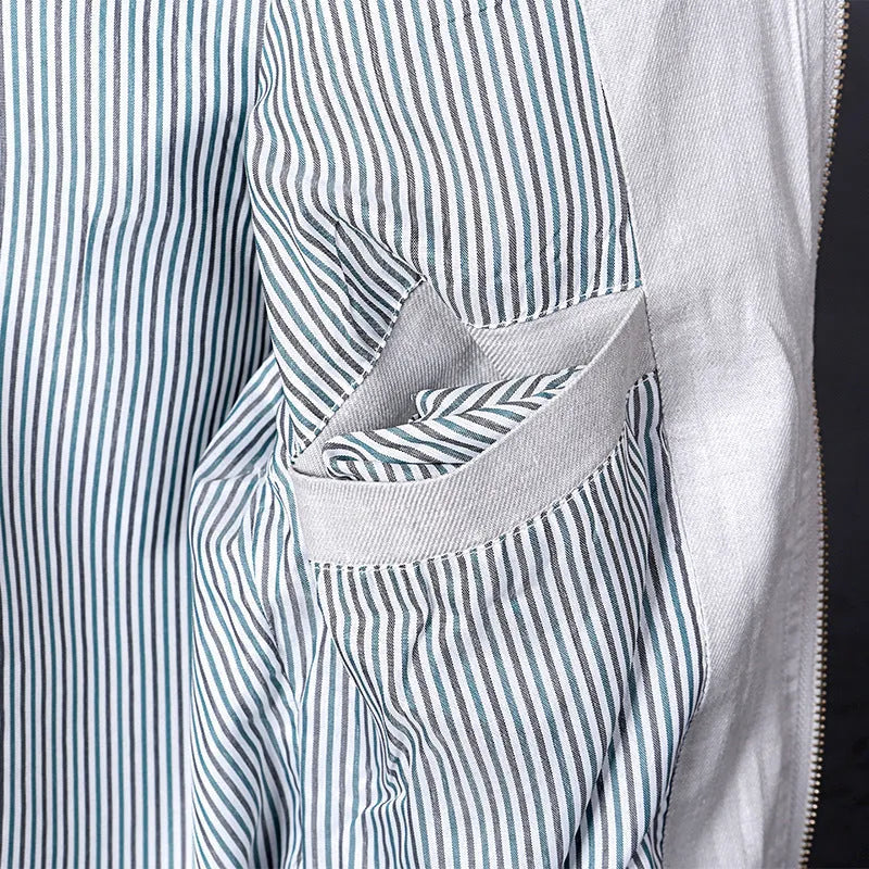 Men's heather gray cotton linen jacket in a regular fit on a hanger.