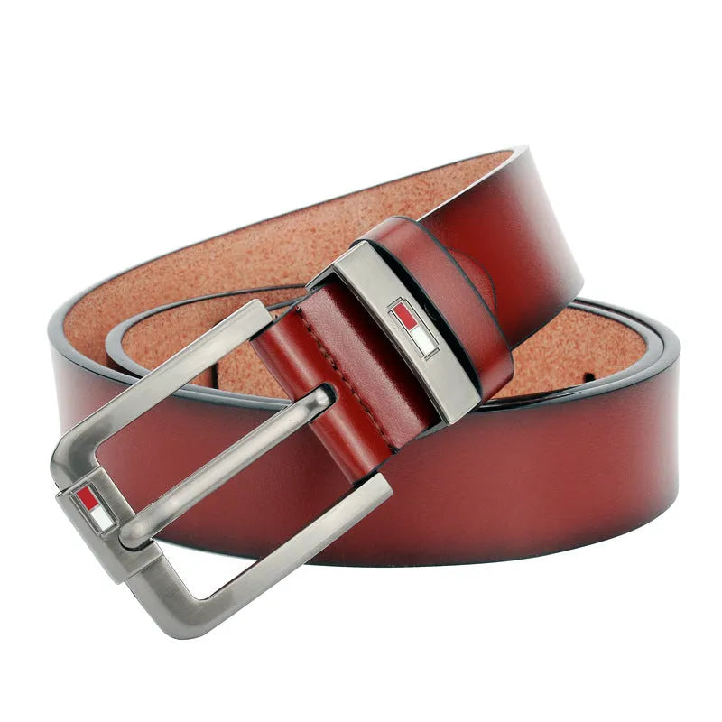 Fashion retro men's all-match pin buckle belt in imitation leather with D shape alloy buckle, black colour, 110cm length