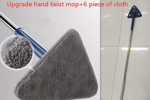 Extendable triangle mop with rotating blue head and stainless steel pole for cleaning corners and walls