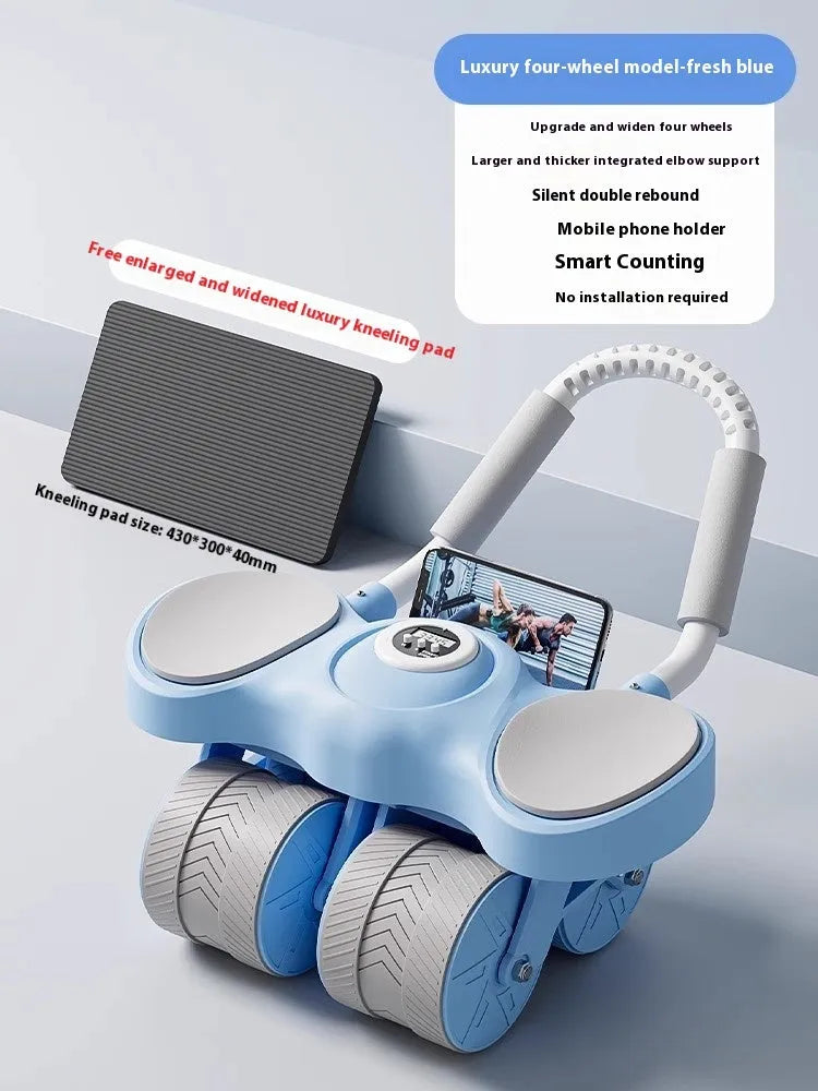 Blue 4-wheel abdominal wheel fitness equipment with elbow support pads and automatic rebound mechanism