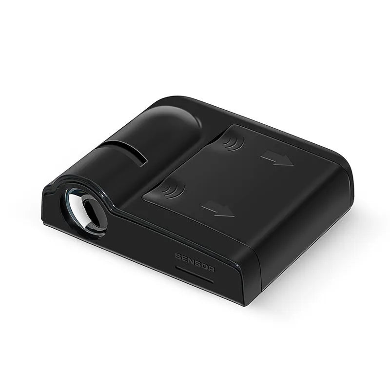 Black and beige ABS plastic car projection lamp showing 6.5cm length with battery compartment and universal mounting